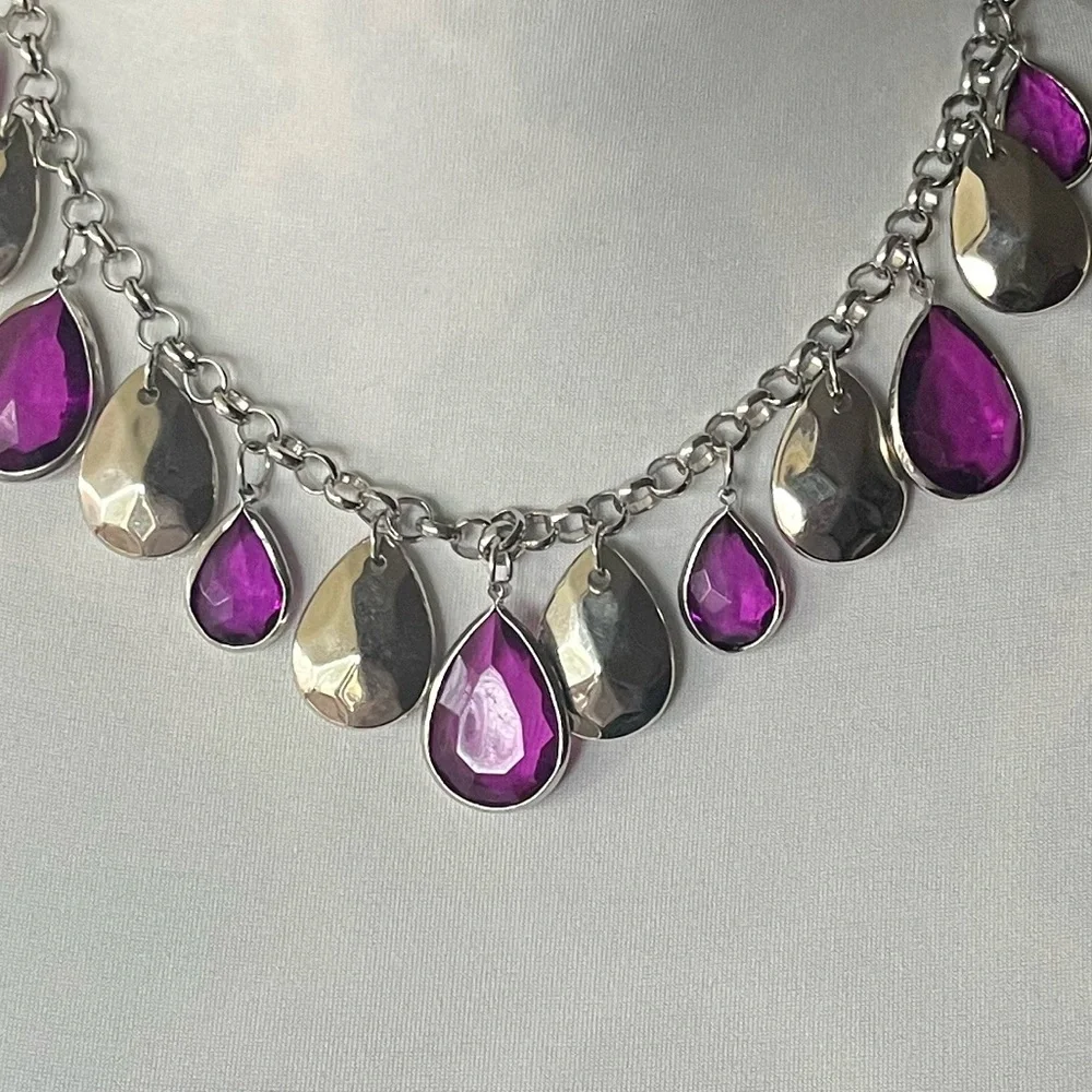 Statement Silver-Tone & Purple Teardrop Bib Necklace